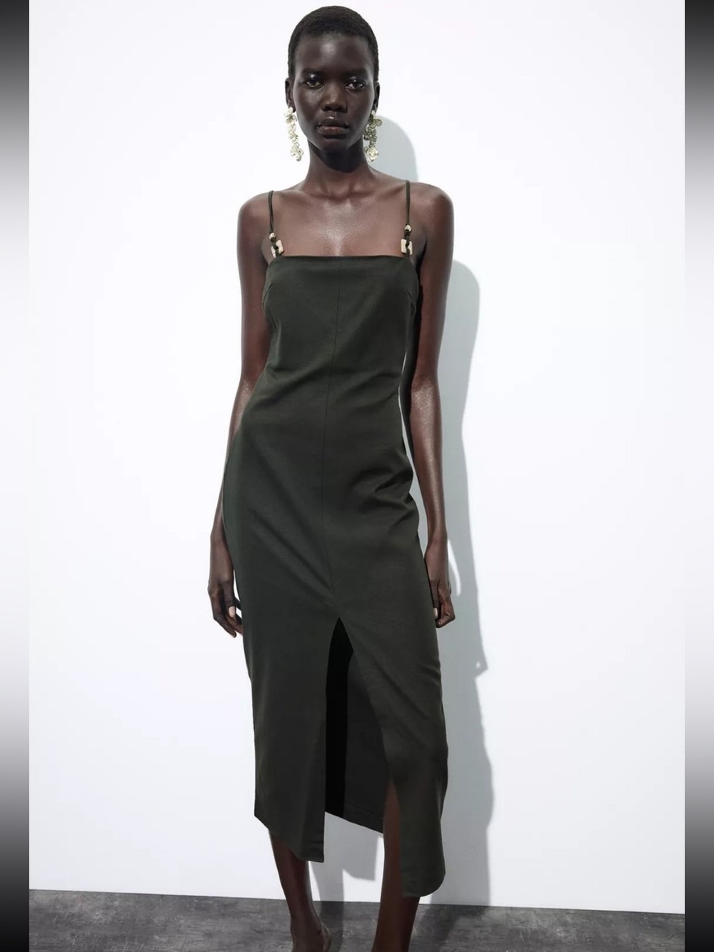 Zara Dark Olive Linen Blend Midi Dress with Front Slit-NWT
